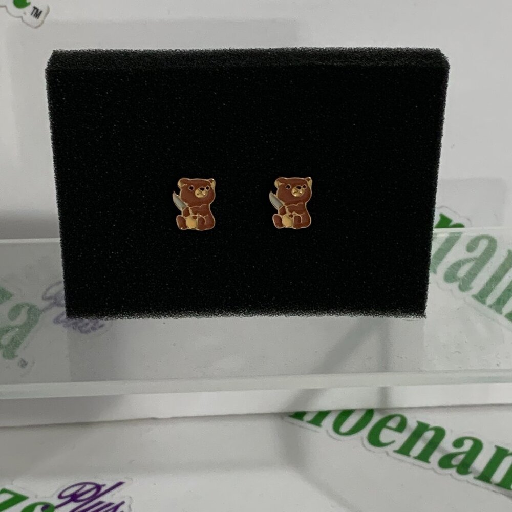 Thorn & Fable Earrings Studs Studded Choose Violence Bear Cub Holding Knife